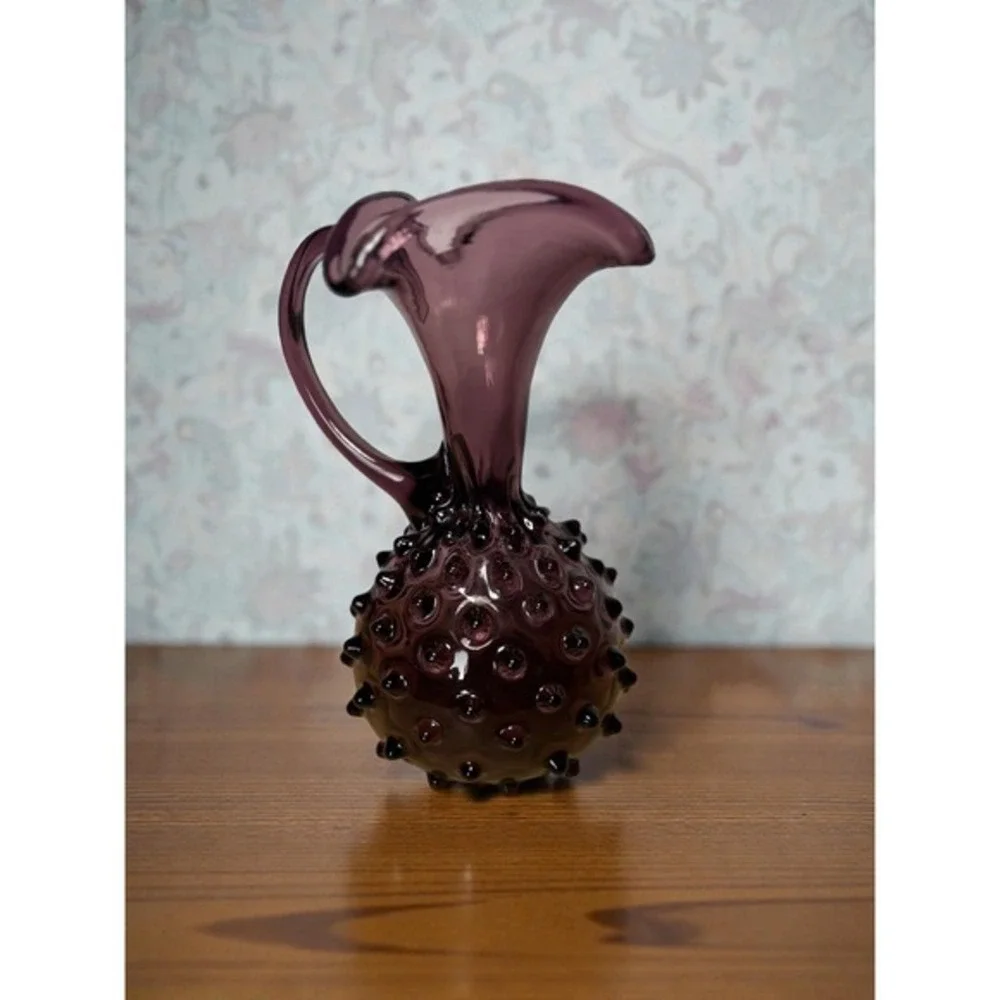 Vintage Amethyst Purple Hobnail Art Glass Pitcher Hand Blown Decorative‎ Cruet